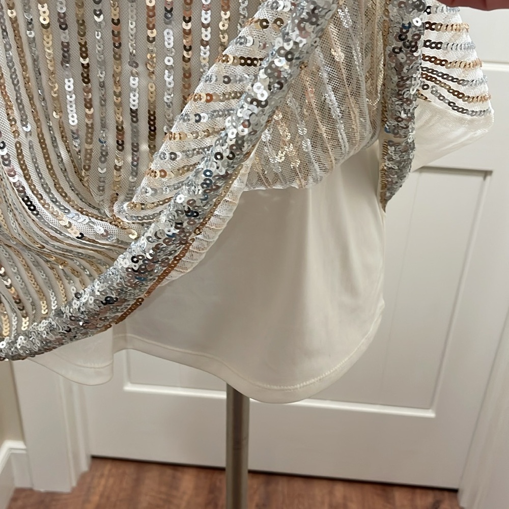 ALFANI Sequined Gold/Silver Stripped NWT Size Small Short Sleeved Scoop Neckline - Picture 8 of 13